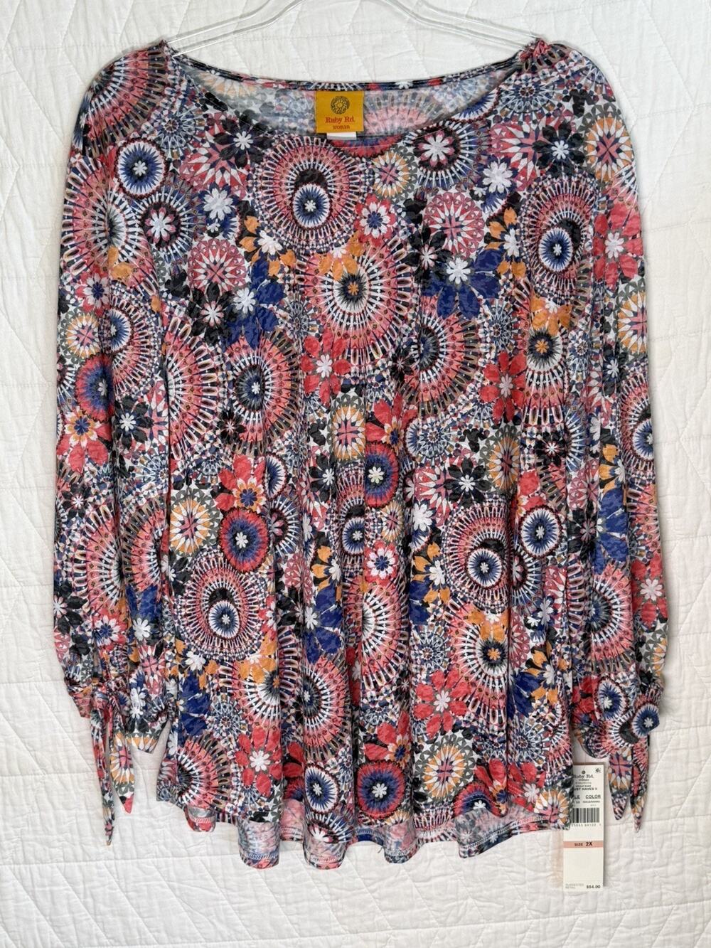Ruby Road 2X Plus floral BOHO Shirt Top NWT sleeve ties